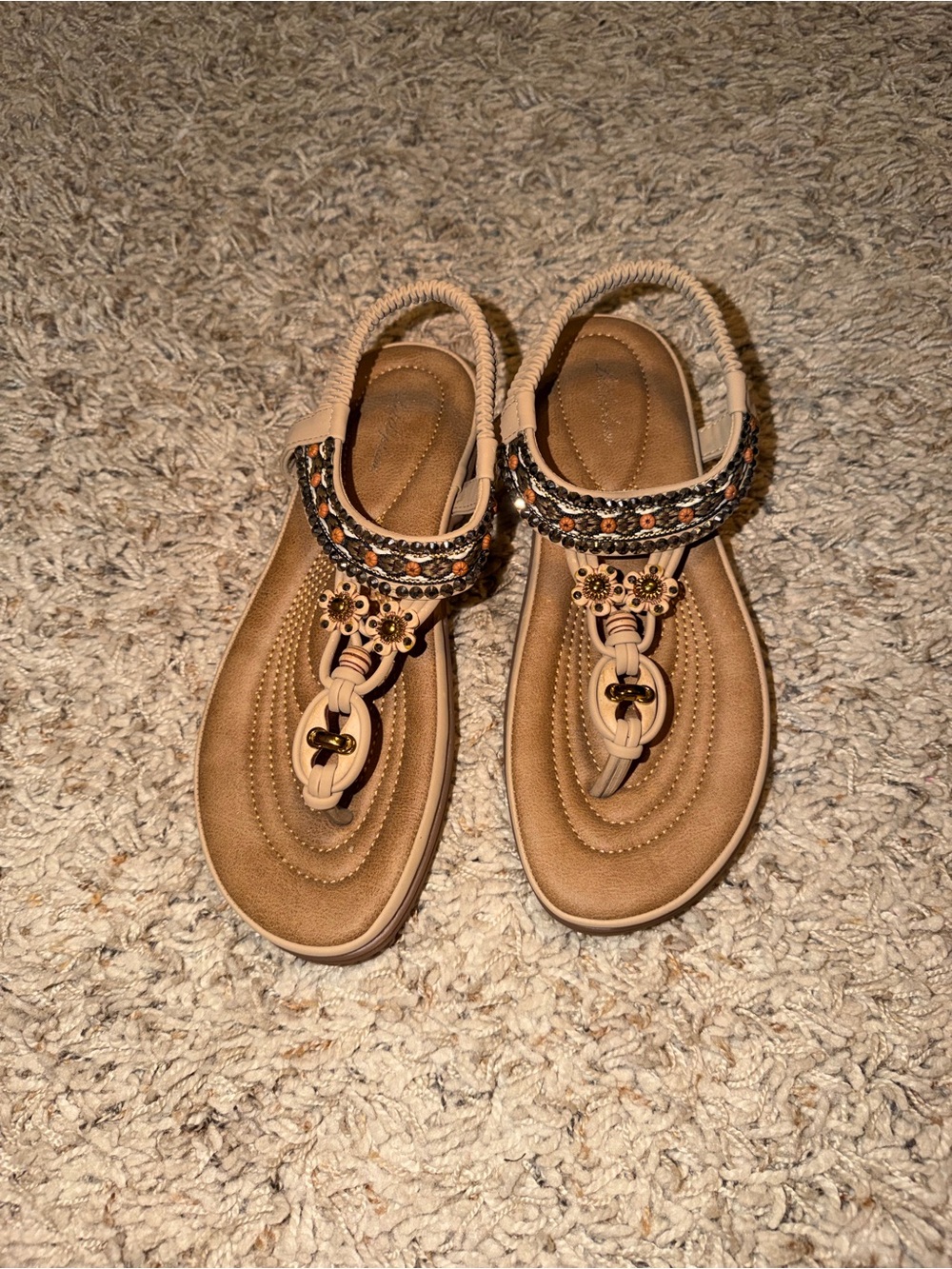Women’s Tan Embellished T-Strap Sandals